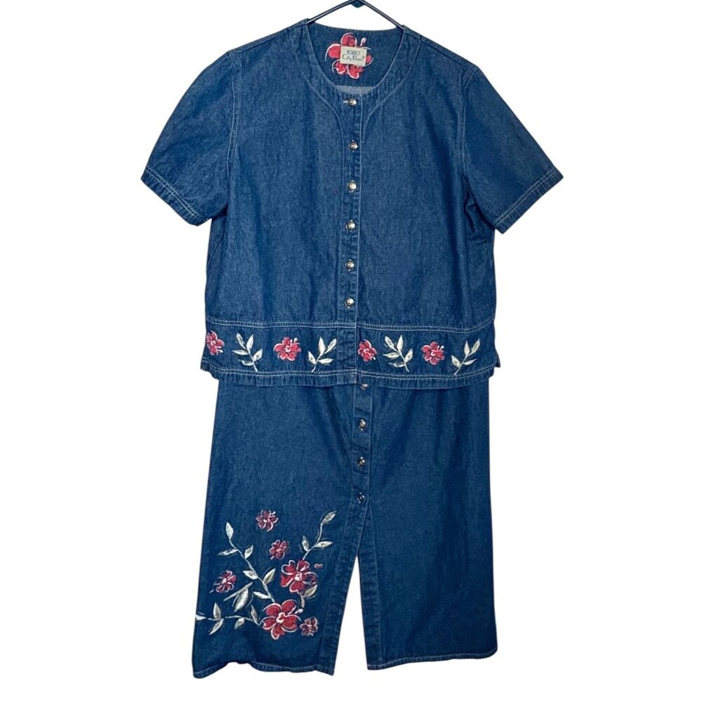 Vintage Koret City Blues Size 16 Denim Midi Skirt Midi & Top Floral & Buttons
